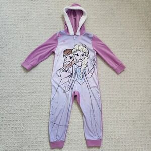 Disney Frozen Anna Elsa Girls Fleece Hooded One Piece Pajamas Size 4
